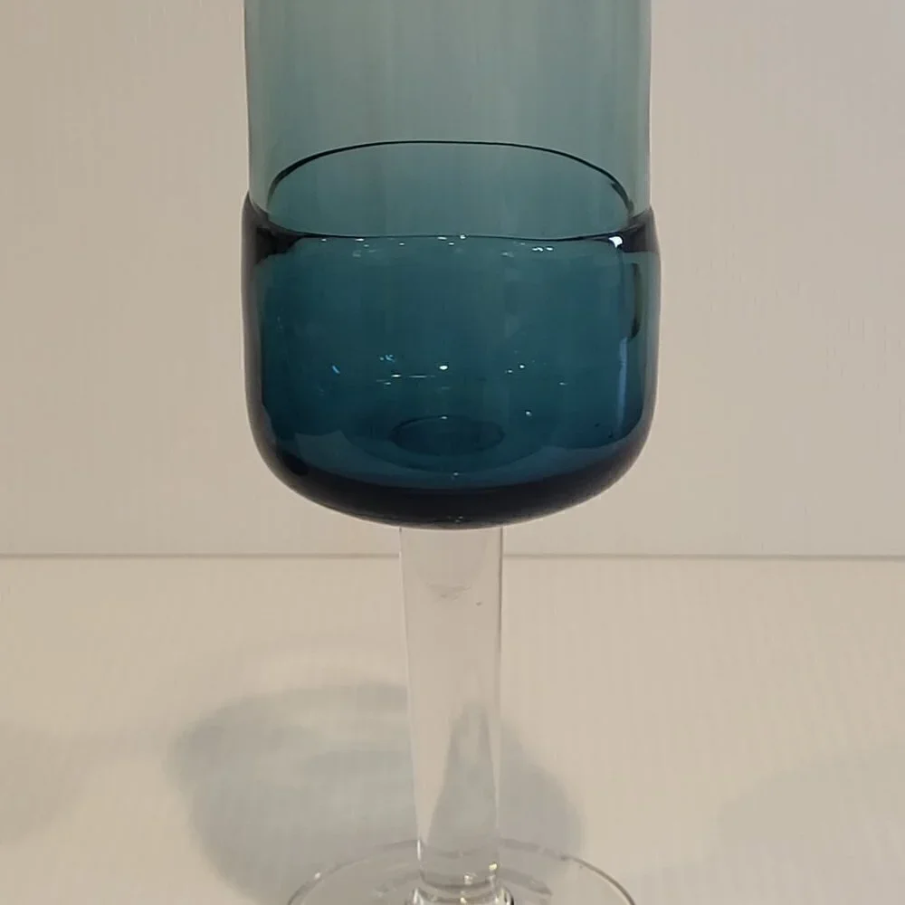 Pier 1 Goblet Blue Water 12 Oz Double Dip Mouth Blown MCM Style Wine Glass Pair